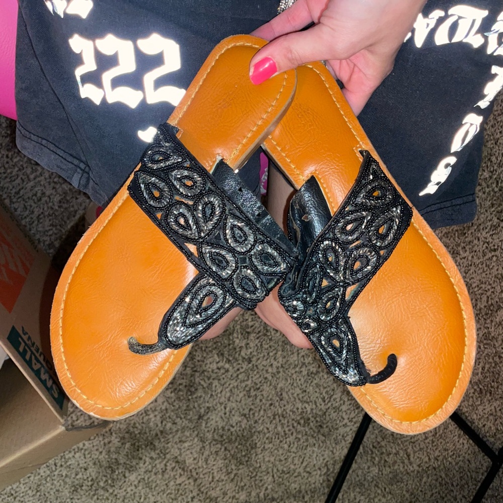 Western-Inspired Black and Tan Sandals with Embroidered Design
